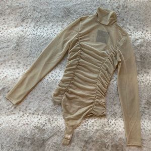 Le Lis Taupe, Mock Neck, Ruched Sheer Bodysuit